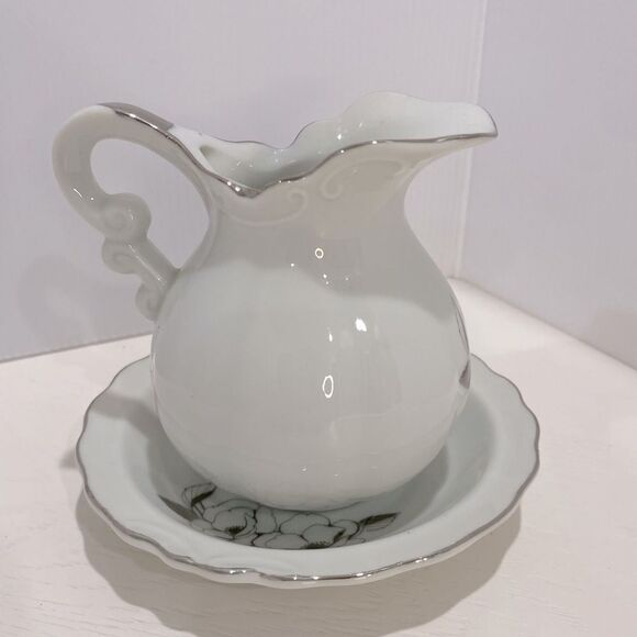 Georgian Fine China 25th Anniversary Miniature Pitcher & Bowl Silver Trim - Picture 5 of 12